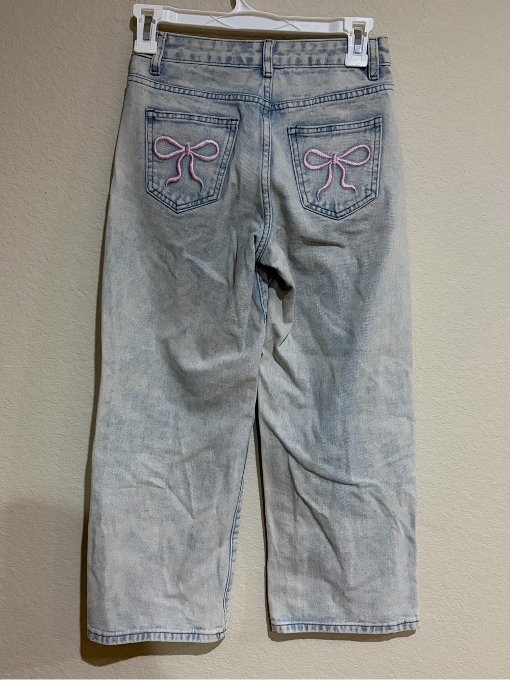 Girls Size 10Y Light Wash Wide Leg Jeans Pink Bow Embroidered Pockets Y2K